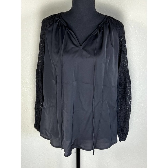 WOMEN'S SEXY ROUND TIE NECK LACE SLEEVES LOOSE BLOUSE COLOR BLACK NWOT Size 2XL - Picture 4 of 10